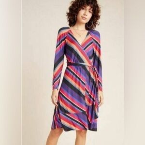 Maeve by Anthropologie Multicolor Rainbow Stripe Faux Wrap Dress Size XL